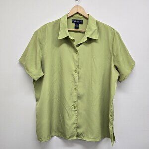 Susan Graver Style Short Sleeve Button Up Blouse Top Womens 2X Green Casual